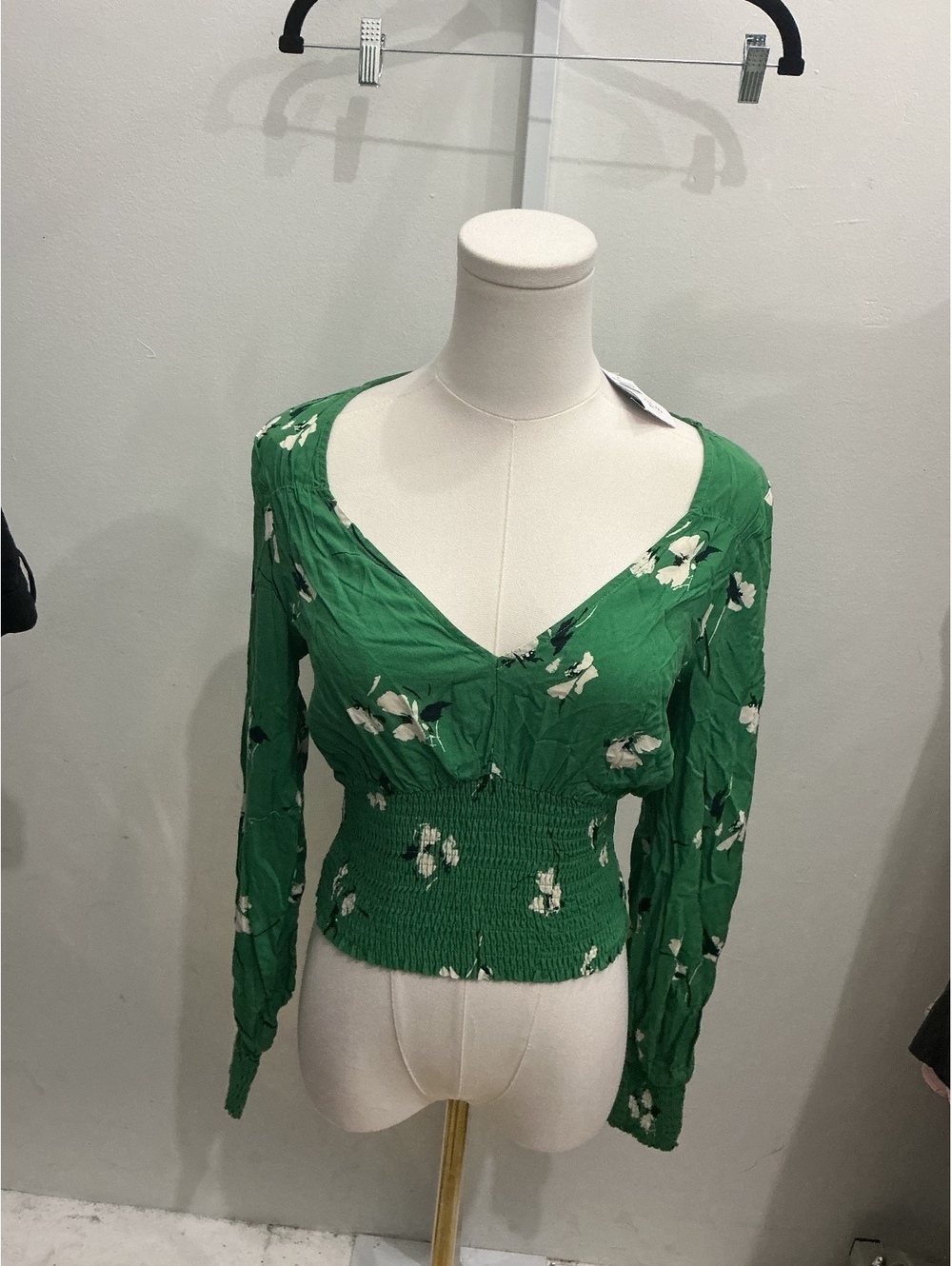 Abercrombie & Fitch Green Floral Long Sleeve Smocked Blouse